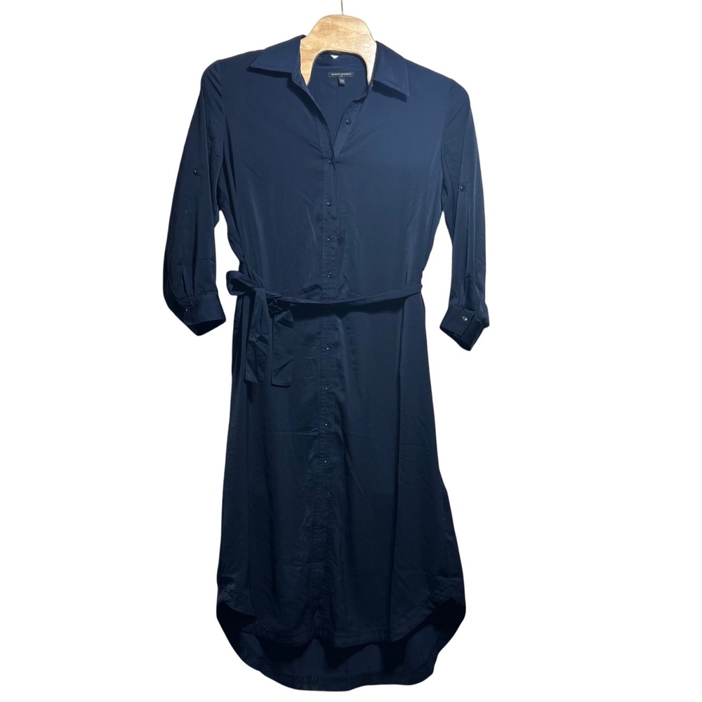 Banana Republic Preppy Navy Silky Crepe Shirt Dress XXL 760073-01 Midi Tie Waist